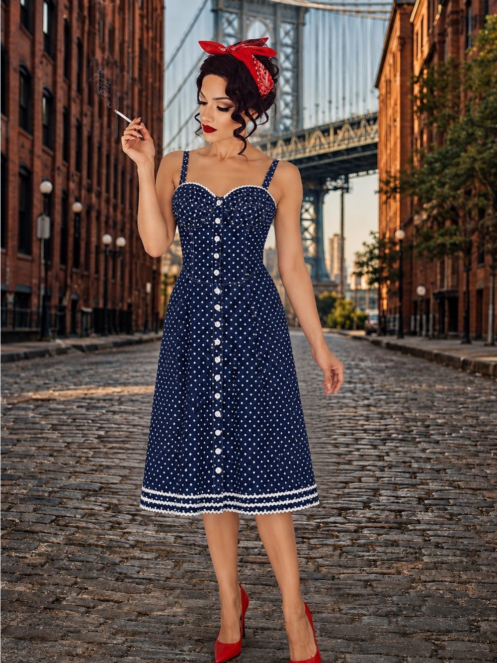Betsey Johnson Navy Polka Dot Midi Dress with White Trim